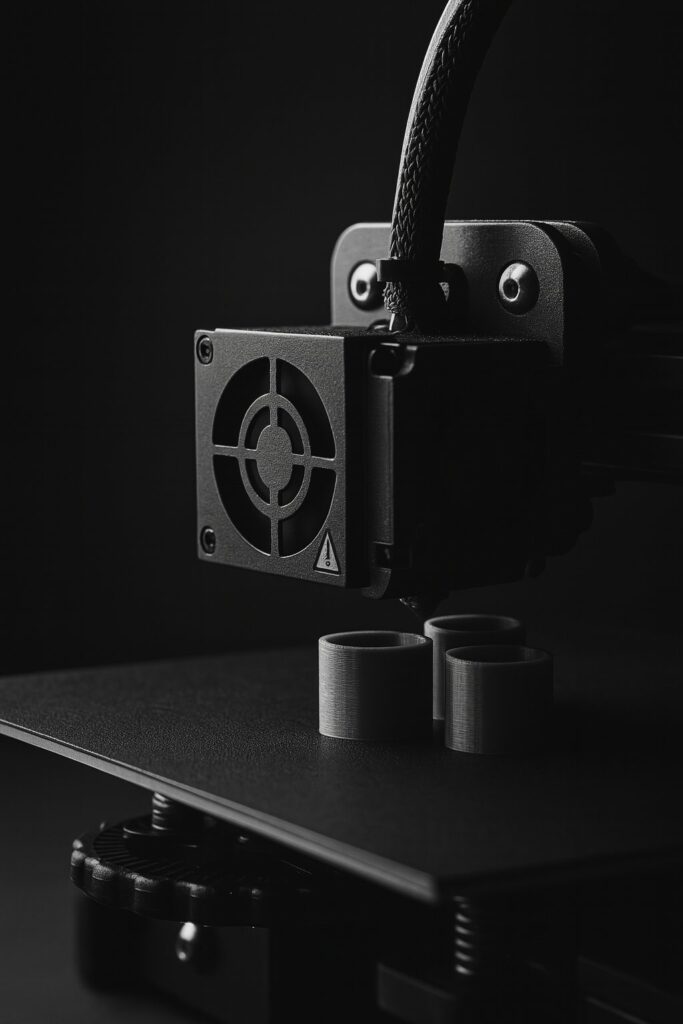 Close-up of 3D printer extruder with cooling fan